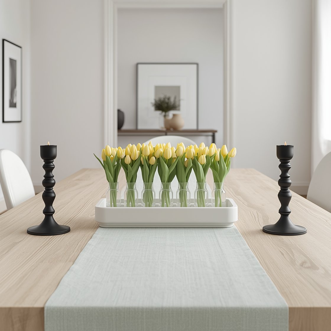 Photorealistic medium shot, straight-on view of a modern minimalist dining table: a low, rectangular white ceramic tray centered on a light wood table, holding a tight grid of single-stem tulips in matching slim clear glass bud vases. Palette is white, soft sage, and butter yellow. A pale sage linen runner anchors the tray, flanked by two matte black candlesticks for contrast. Background shows an airy apartment with black-framed art on white walls. Soft natural daylight, uncluttered, gallery-like calm.