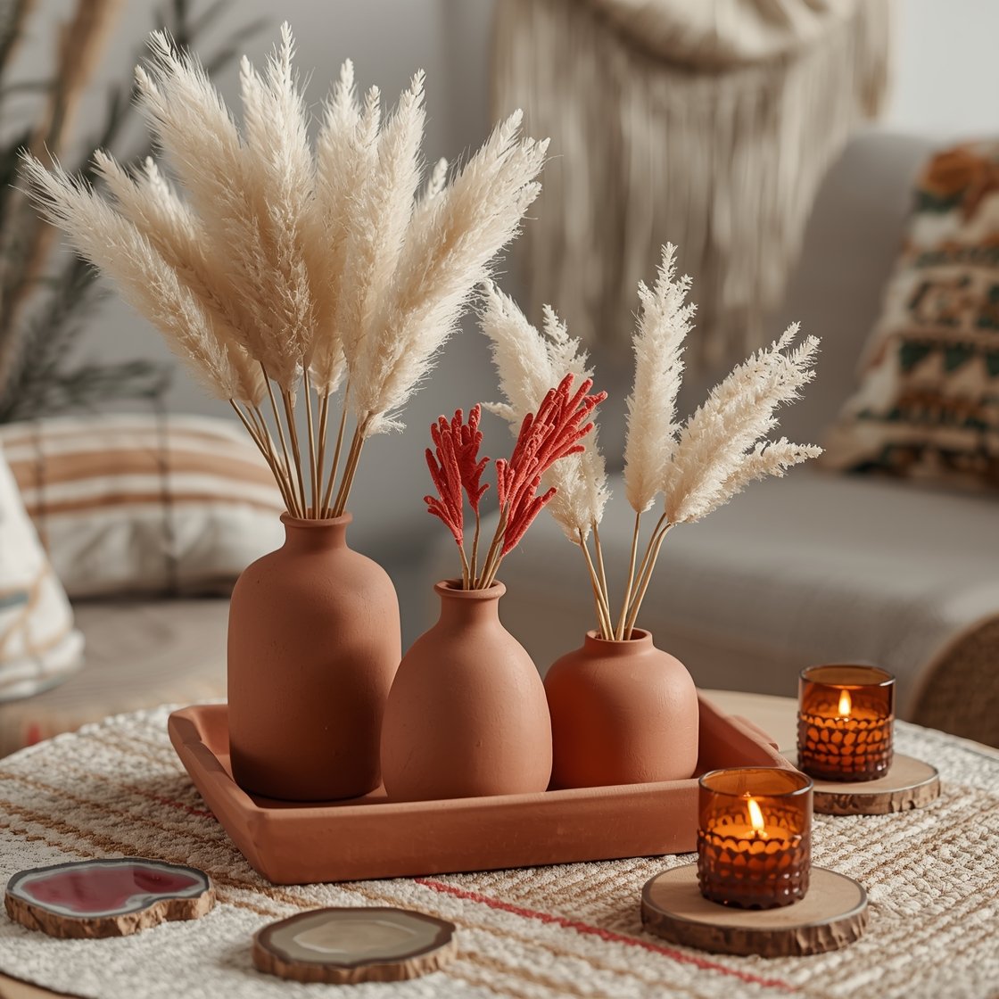 Photorealistic medium three-quarter angle of a boho desert-inspired vignette: a terracotta tray centered on a table, holding three ceramic vessels in mixed shapes—one tall, one round, one squat—filled with dried bunny tails, pampas grass, and bleached ruscus. Faux coral peonies add a pop of spring color. Agate coasters are scattered nearby, with two amber glass votives casting a warm evening glow. Textural, earthy palette; layered rugs and a macramé wall hanging blur softly in the background.