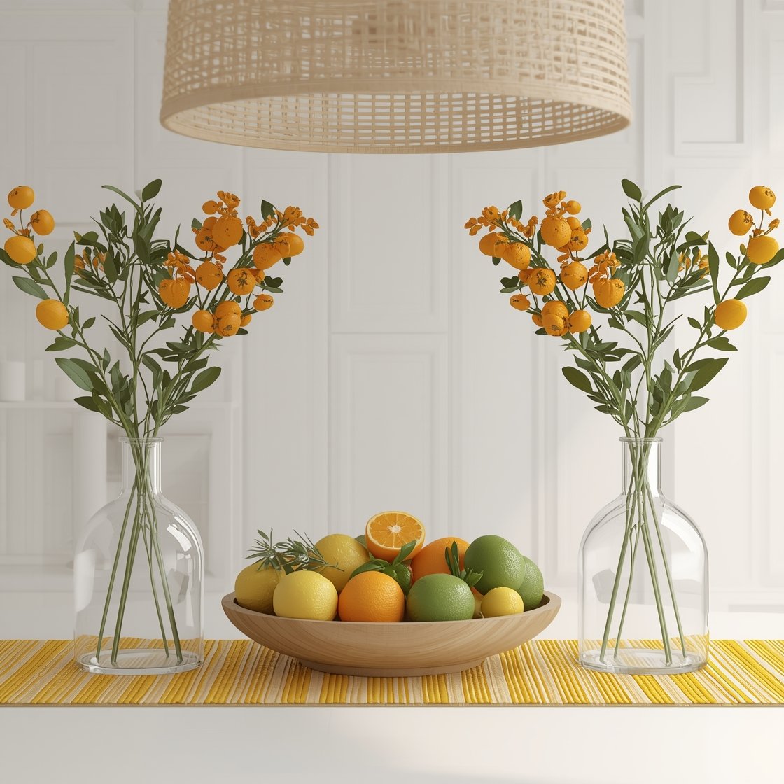 Photorealistic overhead detail shot of a bright citrus centerpiece: a shallow wooden bowl brimming with lemons, limes, and oranges, with sprigs of fresh rosemary and mint tucked between fruits. On either side, clear glass bottle vases each hold a single branch—orange blossoms and olive cuttings. A sunny yellow striped runner beneath ties the composition together. White walls and hints of a woven pendant light and jute rug in the periphery. Crisp daylight for a cheerful, energetic mood.