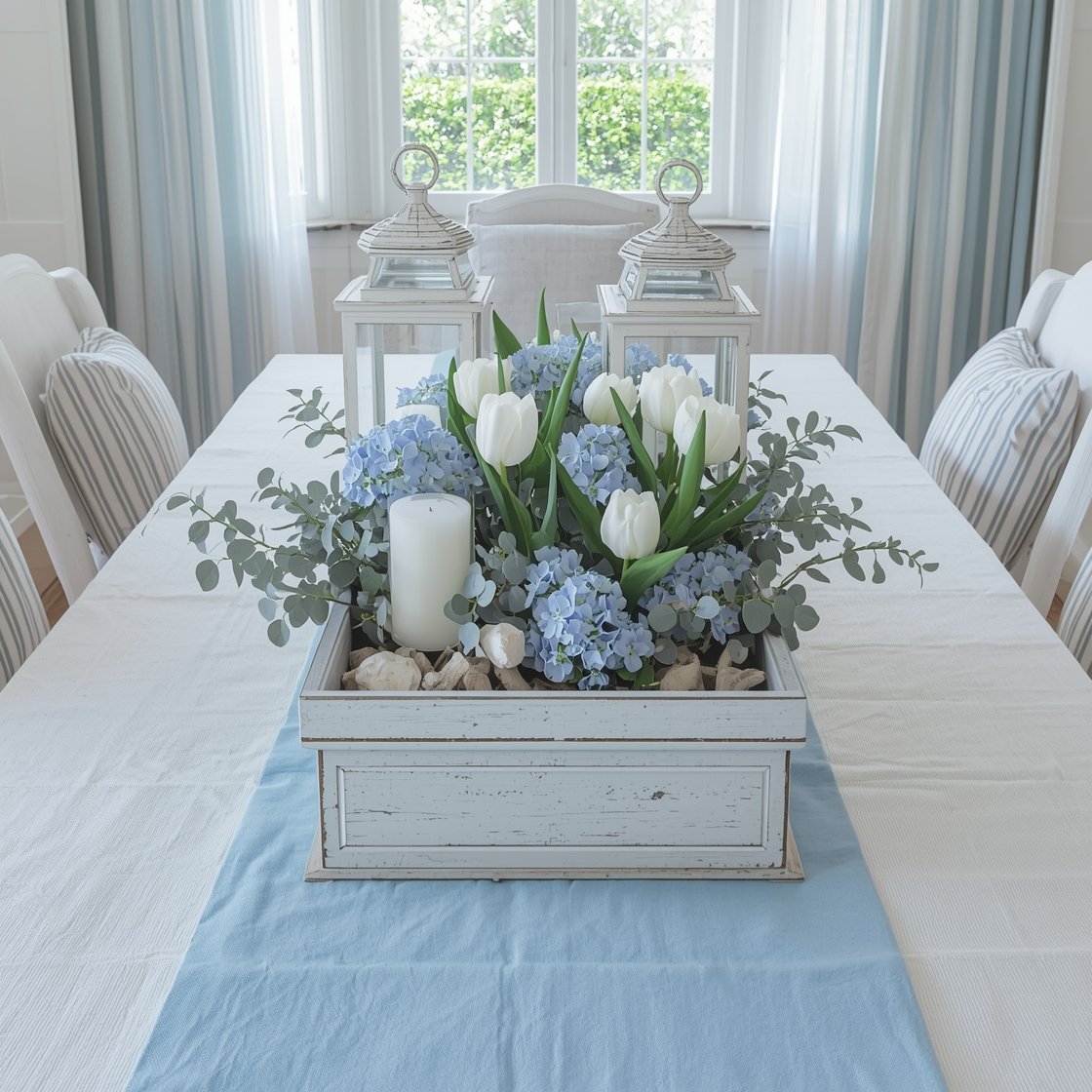 Photorealistic wide coastal dining table scene: a soft blue linen runner runs down the center, topped by a whitewashed wooden trough filled densely with white tulips, blue hydrangeas, and silver-dollar eucalyptus. Sea glass pieces and tiny driftwood accents nestle among the florals for texture. Two hurricane lanterns with white pillar candles stand on either side. Room includes slipcovered chairs, striped pillows, and airy curtains. Cool, fresh daylight with a calm seaside mood.