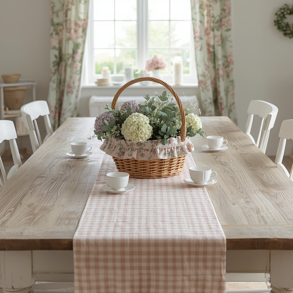 Photorealistic wide shot of a cottagecore dining scene: a weathered farm table draped with a soft blush gingham tablecloth. At center, a woven picnic basket lined with a ruffled floral napkin overflows with hydrangeas, chamomile, and eucalyptus (mix of real and high-quality faux). Around the basket, small mismatched vintage teacups each hold a single bloom. Room vibe includes painted white chairs and floral curtains. Gentle morning light for a quaint, romantic English countryside feel.