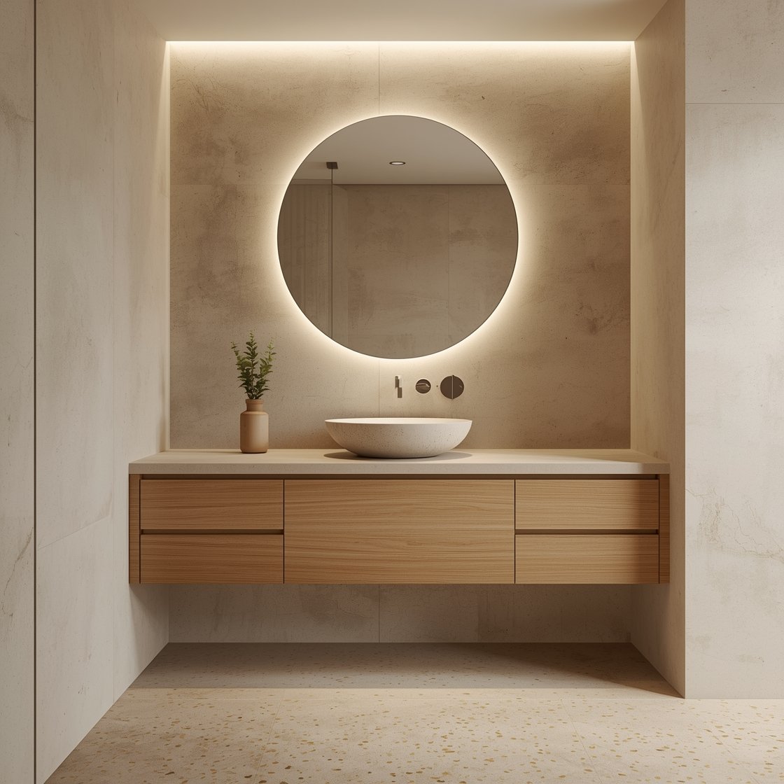 Photorealistic wide shot of a soft sand, cream, and putty neutral bathroom: honed stone vessel sink on a floating oak vanity with slab drawers and integrated pulls; microcement seamless walls; beige terrazzo floor with small warm-toned chips; rimless round mirror with soft backlighting; minimal styling with a stone tray, single ceramic pump, a sprig of eucalyptus, and a low-profile matte white ceiling light; bright but diffused spa lighting, no people.