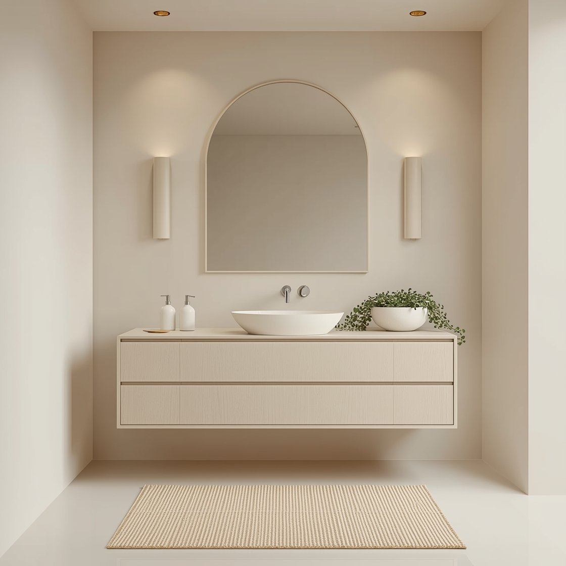 Straight-on minimal beige scene: pale maple flat-front vanity with slender integrated sink; oversized arched mirror nearly to ceiling as focal point; beige-on-beige palette; tiny pin spotlights in ceiling and a slim linear wall sconce provide understated lighting; tight-weave oat rug, off-white ceramic soap dispensers, and a low wide planter with a trailing plant on the vanity; whisper-soft mood.