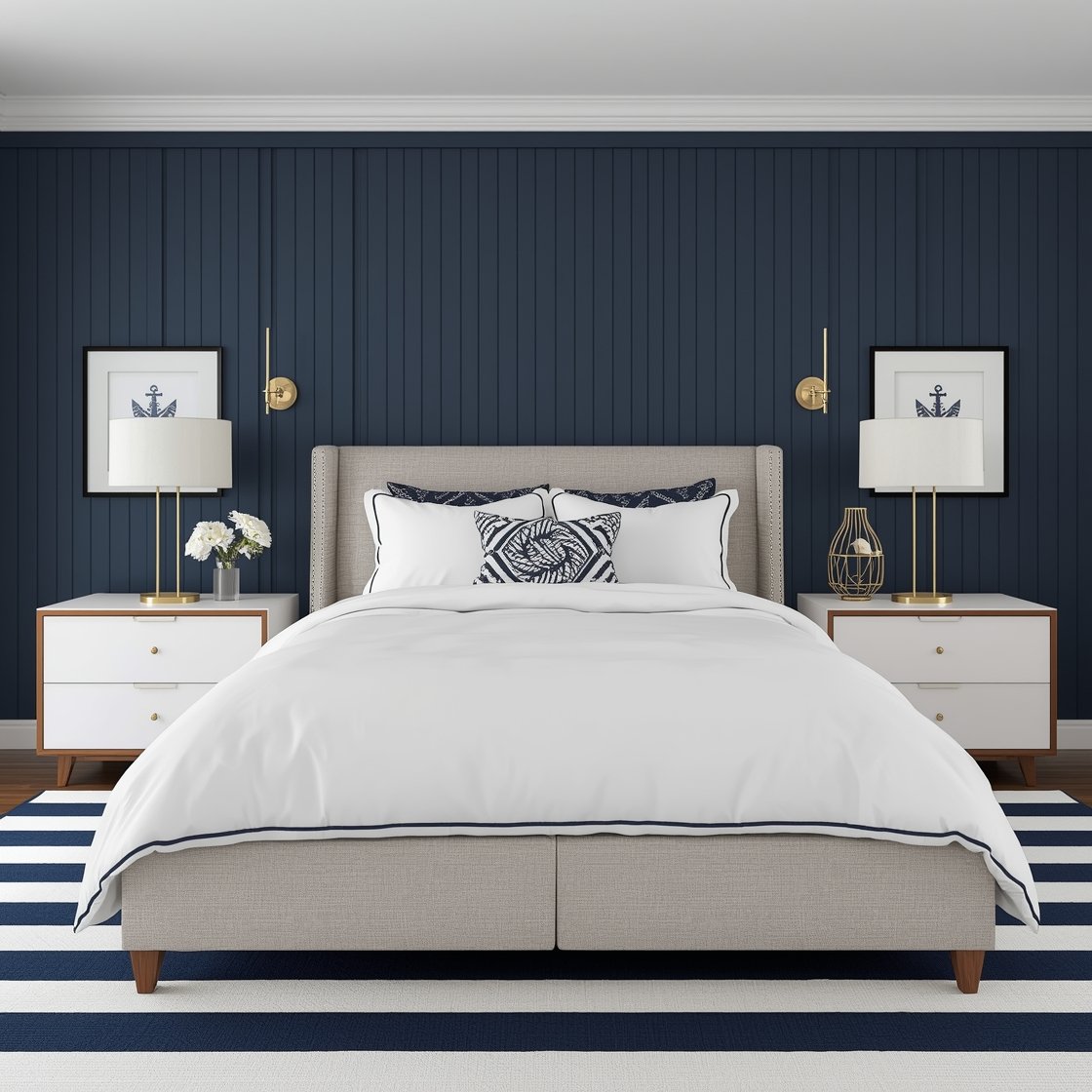 Straight-on wide shot of a Nautical Navy Modern bedroom: accent wall behind the bed in deep navy or vertical shiplap, white duvet with navy piping, bold navy-and-white striped rug anchoring the room. White or walnut nightstands with clean silhouettes, brass sconces or a nautical cage lamp. Accents include a knot pillow on the bed, framed signal flags on the wall, and a polished brass tray on a nightstand. High-contrast color, strong graphic lines, crisp and modern lighting, photorealistic.
