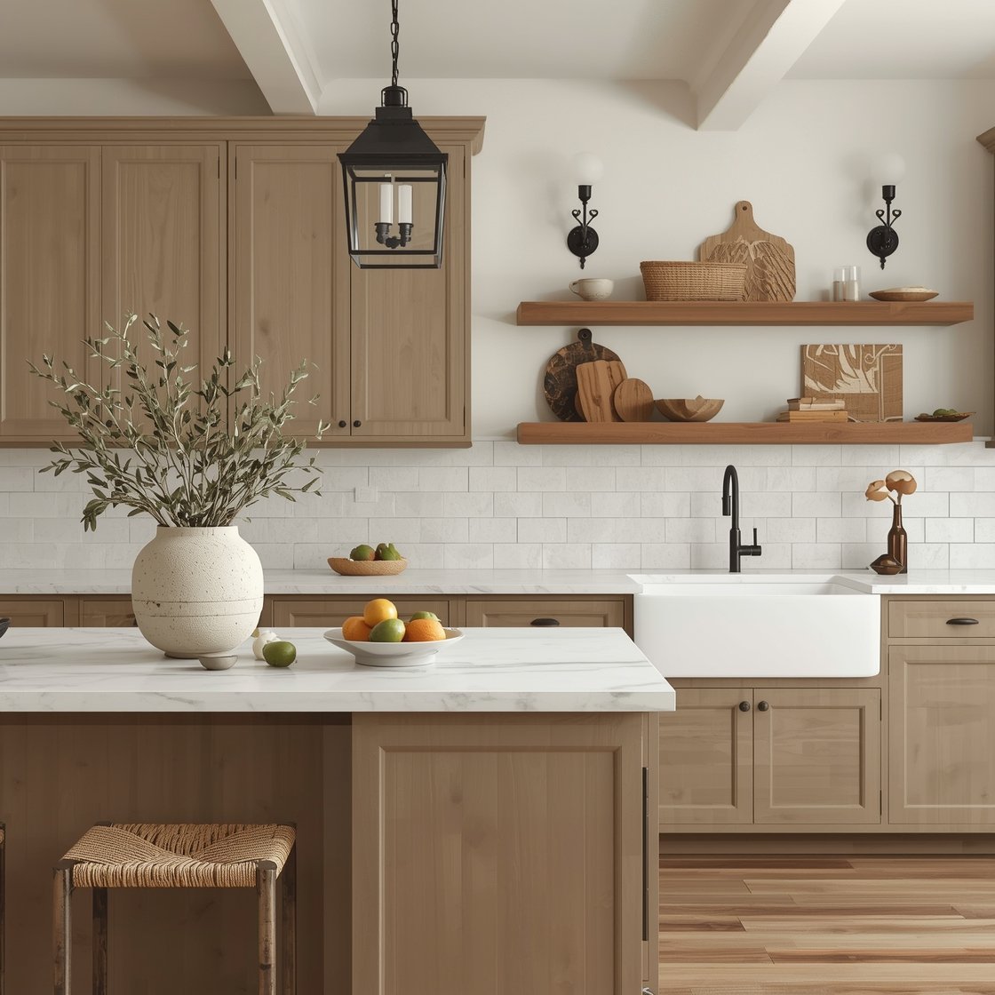 Warm wide shot, Earthy Modern Farmhouse: mushroom-beige shaker cabinets with aged bronze hardware; butcher block island and soft white quartz perimeter counters; handmade white tile backsplash with subtle variation; black metal lantern pendants; farmhouse sink; rugged woven stools; styled with olive branches in a stone vase, vintage bread board wall display, and antique-style sconces over shelves. Cozy, lived-in, photorealistic.