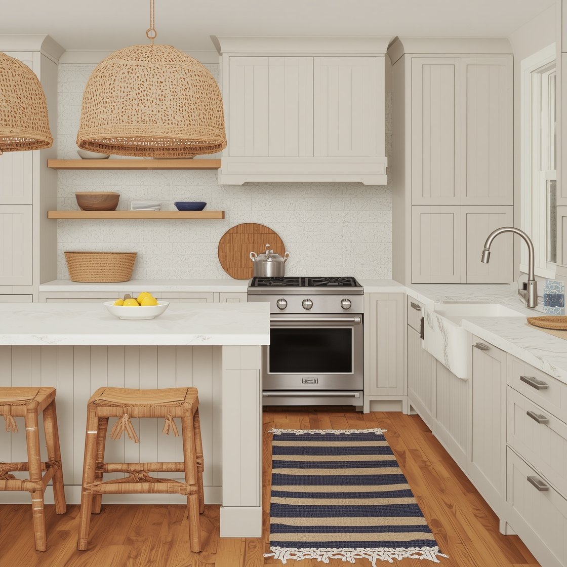 Wide coastal kitchen, California Casual: pale greige shaker cabinets, white zellige tile backsplash shimmering organically, open oak shelves with willow baskets and stoneware; rope-wrapped stools at an island topped with white quartz; oversized rattan pendants overhead; striped blue-and-cream runner on sandy wood floors; bowl of lemons, woven coasters, and a brushed nickel bridge faucet. Breezy, sunlit, photorealistic.