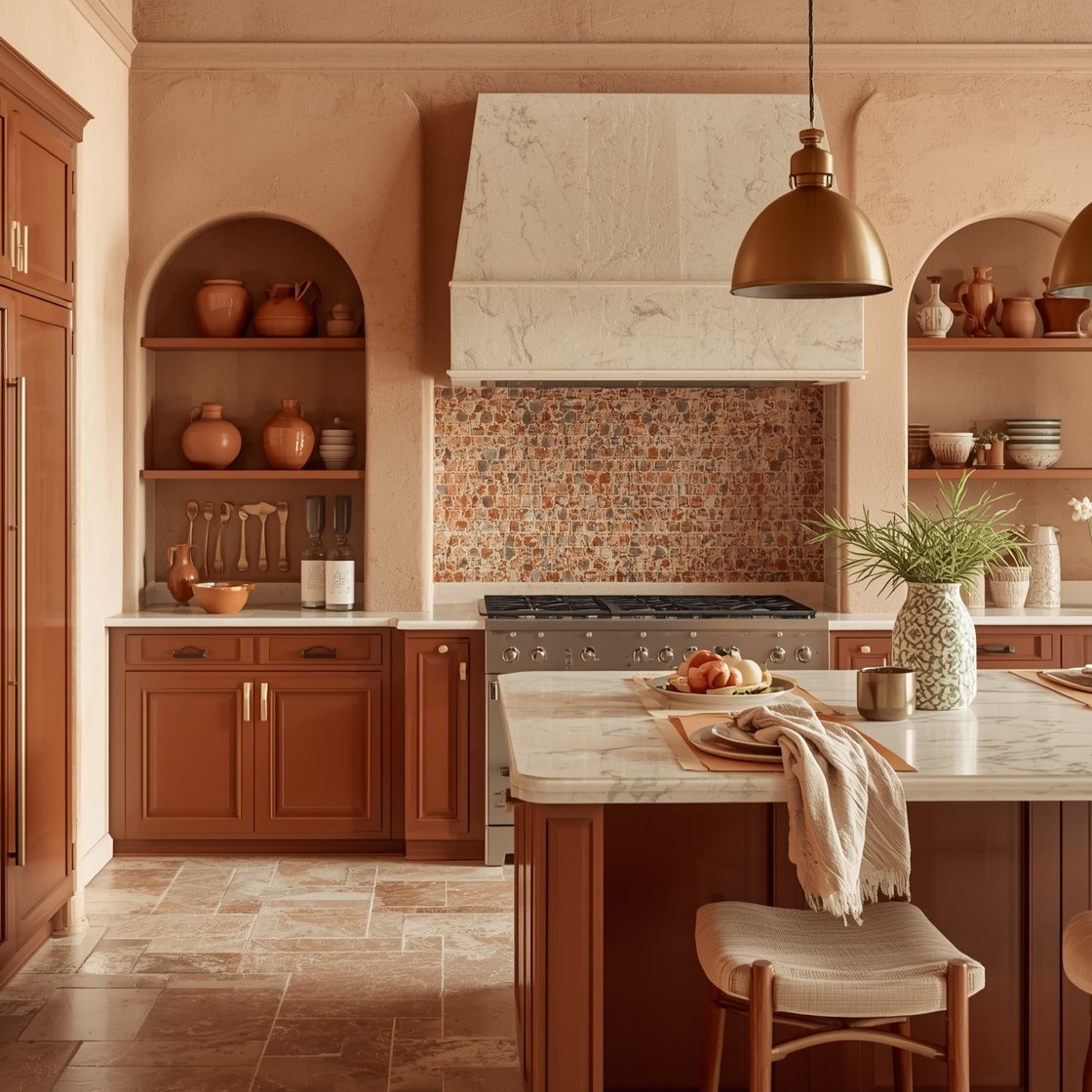 Wide, Contemporary Mediterranean: plaster-look walls, warm sand-toned cabinets, tumbled limestone (or lookalike porcelain) floor; arched niches used for open shelving; terracotta zellige backsplash; island with rounded corner profile topped in cream quartzite; aged brass bell pendants; styled with olive jar ceramics, wooden spoons, and linen runners. Sun-kissed warmth, photorealistic.