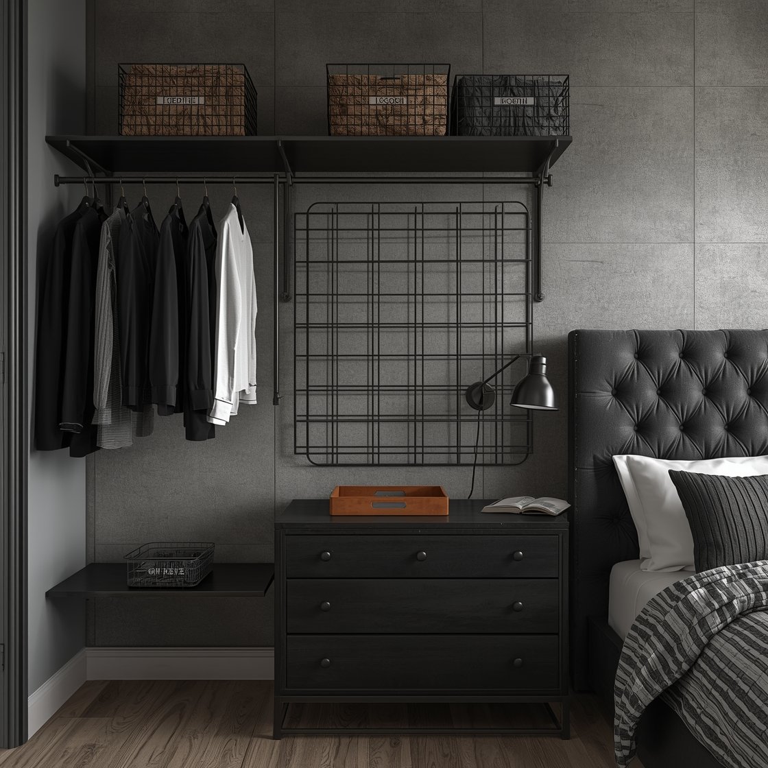 Wide corner-angle photorealistic shot of an industrial bedroom storage rail system: blackened steel rods mounted near the ceiling with hanging clothes, wire baskets, and labeled canvas bins arranged artfully; beneath, a wall-mounted floating console acting as a dresser to keep the floor open; bed with a tufted charcoal headboard softening the metal elements; concrete-look wallpaper backdrop; a monochrome photo grid above the console; warm cognac leather catchall tray on the console; plug-in arm sconce providing task light; palette of charcoal, black, and warm cognac in moody evening light.