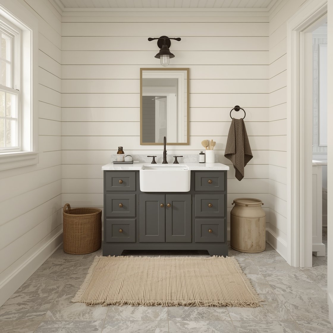 Wide, elevated farmhouse bathroom: creamy white shiplap walls, charcoal-painted shaker vanity, porcelain apron-front sink; antique bronze hardware, black barn-style sconce above; variegated gray-beige stone-look floor tiles; styled with a fringed neutral runner, wire baskets for storage, and a ceramic crock holding wooden bath brushes; warm, welcoming illumination.