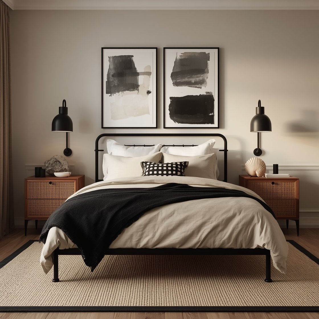 Wide, moody Jetty Black and Sand bedroom: black metal bed (or charcoal-painted headboard) centered against light walls, beige/flax linen bedding with a folded black throw at the end. Warm wood nightstands, a cane-front dresser to the side. Abstract seascapes with bold charcoal and cream brushstrokes above the bed, black sconces or a linen drum pendant casting warm light. Woven jute rug bordered in black for a tailored edge, a single organic object (large shell or stone sculpture) on a nightstand. High-contrast yet grounded, golden-hour ambiance, photorealistic.