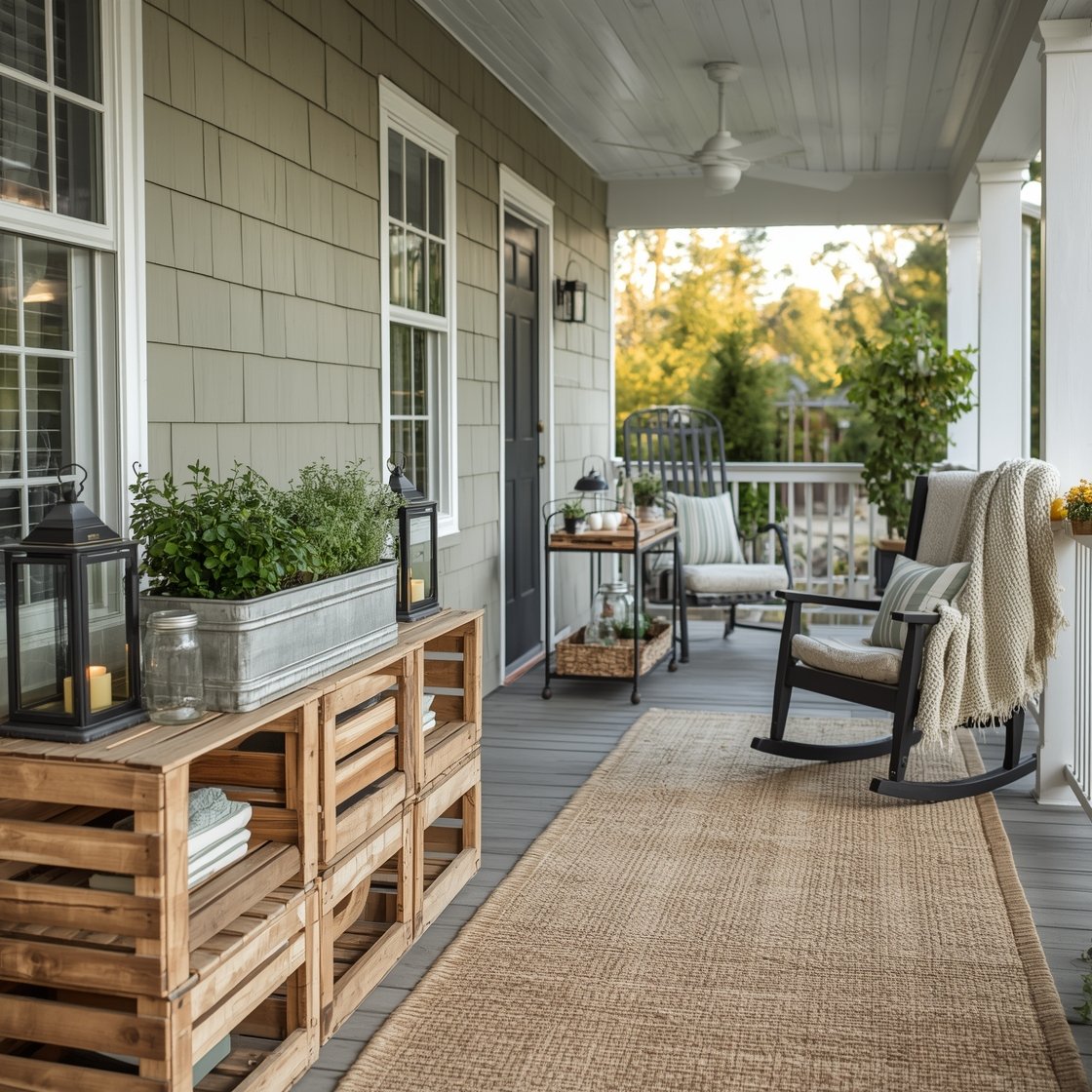 Wide porch gathering space, straight-on: slatted wood sofa with outdoor-friendly pillows in ticking stripes and sage atop a natural-fiber rug; crate console made from stacked wooden crates holding lanterns, potted herbs, and mason jars with tea lights; burlap egg garland strung along the porch railing; galvanized drink tub with mint sprigs beside a bar cart of lemonade; rocking chair with a knit throw completing the scene; sage, flax, natural wood, muted charcoal palette; breezy farmhouse porch-party feel with golden-hour light.
