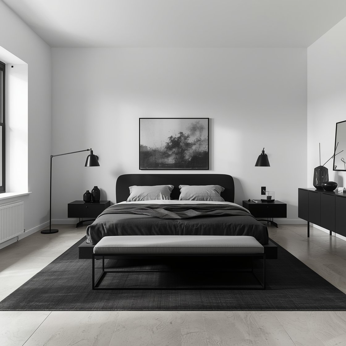 Wide room shot: A modern monochrome loft bedroom with matte white walls, a jet-black upholstered low platform bed centered on a charcoal wool rug, floating black nightstands, and a slimline black console instead of a dresser. Include matte black metal accents, smoked glass decor, and soft gray upholstery on a bench. Lighting is black swing-arm wall sconces and an architectural black floor lamp. One large grayscale art piece hangs above the bed. Keep surfaces minimal, emphasizing clean contrast, crisp lines, and dramatic shadows. Photorealistic, no people.