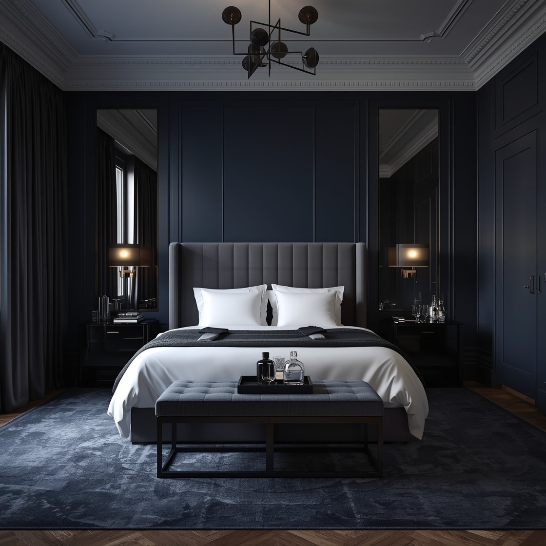 Wide room shot: A moody hotel suite bedroom with deep navy walls, a velvet wingback headboard, blackout drapes, and a thick low-pile rug. The bed is dressed in crisp white sheets with a charcoal duvet. Sleek dark lacquer nightstands, an upholstered bench, and polished dark wood veneer elements. Smoked mirror accents reflect dimmable wall sconces and a sculptural chandelier for dramatic, cozy lighting. A mini bar tray on the dresser with a decanter and glassware. Luxe boutique atmosphere. Photorealistic, no people.