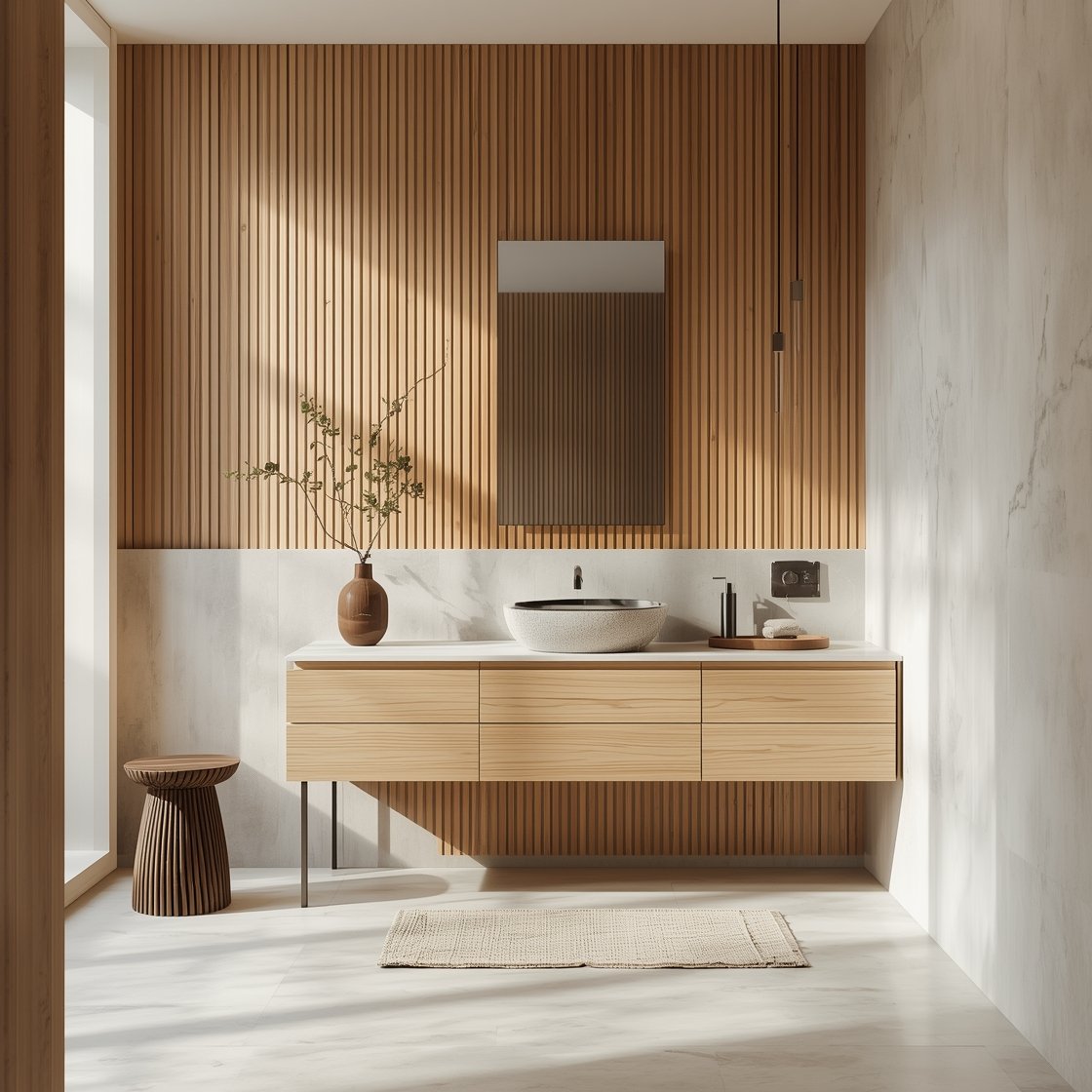 Wide serene Japandi bathroom: light oak slat feature wall behind vanity, pale greige smooth porcelain elsewhere; low rectilinear vanity with finger pulls and a shallow vessel sink; charred wood accents (small stool and tray) add contrast; brushed graphite fixtures; single branch in a stoneware vase and a linen bath mat; balanced, natural daylight with soft shadows.