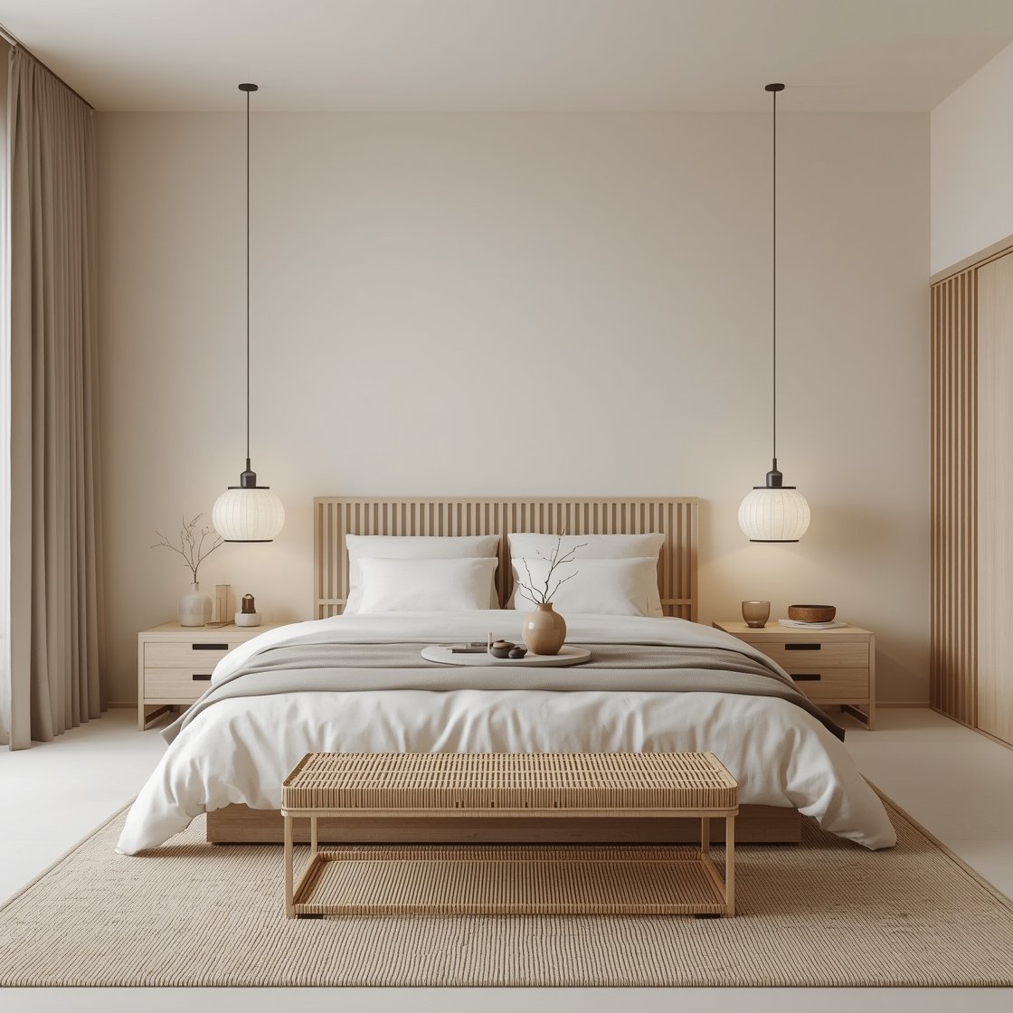 Wide, serene straight-on view: Japandi calm bedroom with soft beige walls, pale natural oak finishes, and a low platform bed dressed in layered neutral bedding. A slatted headboard, open-frame wardrobe, and a woven rattan bench at the foot. Paper lantern pendants and warm, diffuse table lamps provide gentle lighting. Style a stone tray with essentials and a single branch in a ceramic vase on the nightstand. Tatami-inspired rug anchors the space. Balanced, minimal, nature-driven aesthetic. Photorealistic, no people.
