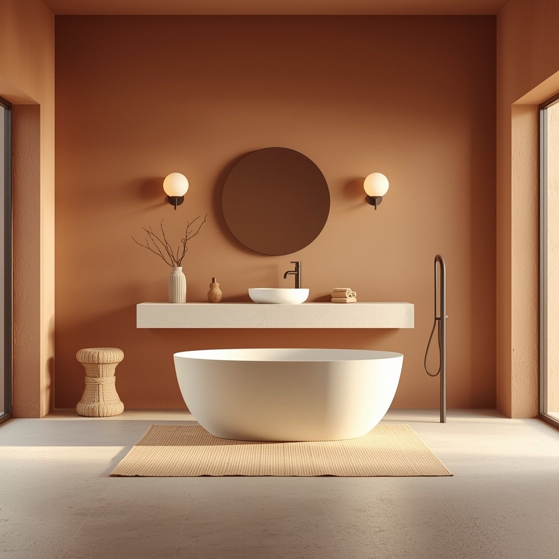 Wide shot: A serene “Desert Sunrise Spa” bathroom with matte terracotta limewash walls shifting softly in natural morning light, pale clay microcement seamless floor, a sculptural freestanding oval tub centered with a thin matte black floor-mounted faucet arcing above it. Floating white oak slab vanity with ultra-thin quartz and under-mount sink, matte black pulls, pared-back round mirror. Two alabaster sconces glowing like small moons, nubby ecru towels, a jute bath mat, a single clay vessel with branches, and one woven stool. Minimal decor, airy negative space, soft sunlit atmosphere, photorealistic.