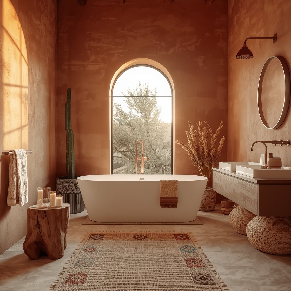 Wide shot: A sunwashed desert sanctuary bathroom at golden hour with terracotta limewash walls glowing softly, a matte white freestanding tub centered under an arched window, Saltillo tile floor with a faded kilim runner, a chunky teak stool holding candles and bath salts, a tall cactus in a clay pot, woven seagrass baskets under a minimal rustic vanity, and a copper rain shower head beginning to patina; palette of terracotta, sand, chalky white, sage; textures of limewash, clay, rough wood, woven fibers; photorealistic, warm natural light.