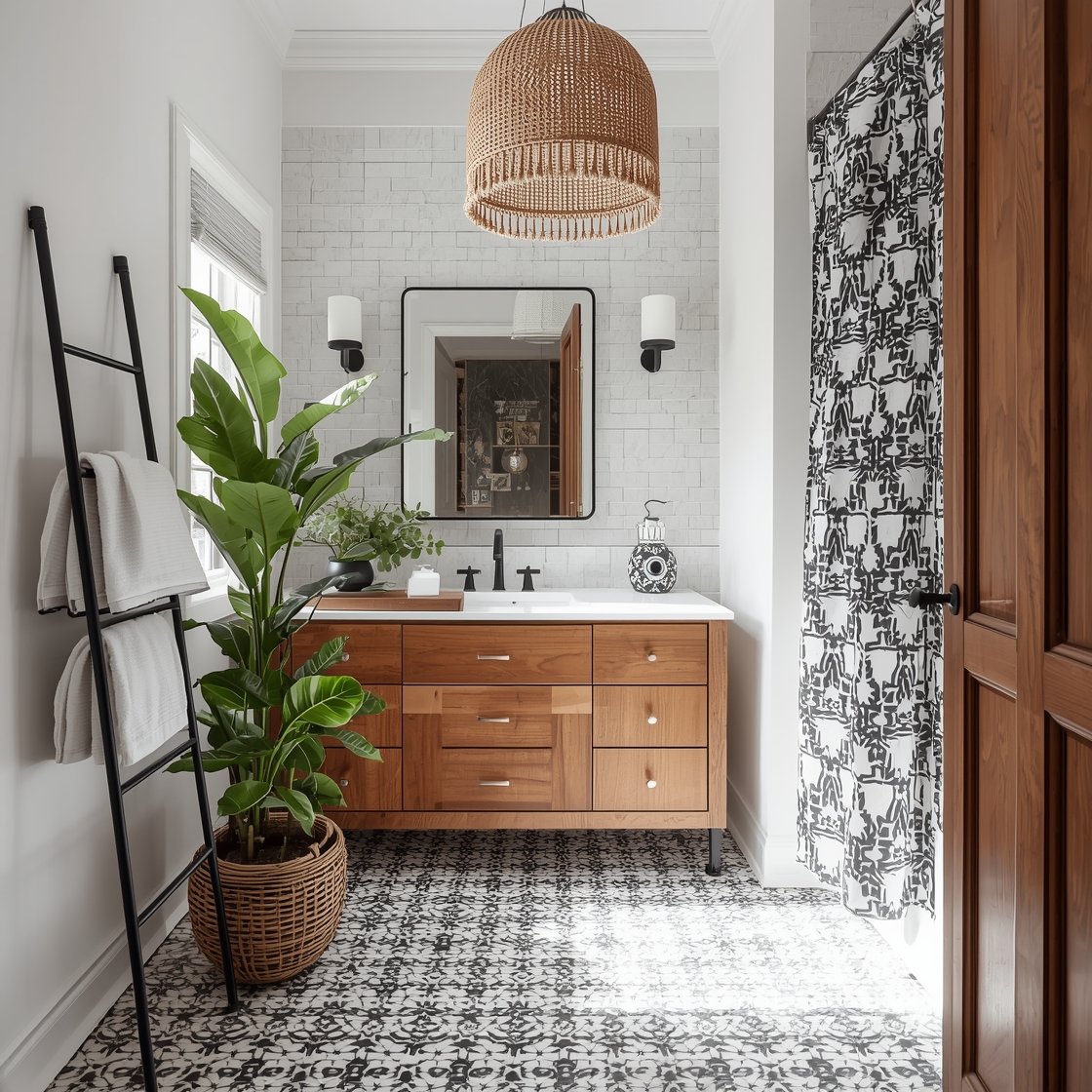 Wide shot: Black-and-white boho graphics bathroom with bold black-and-white encaustic tile floor, gallery-white walls, a warm oak vanity to soften contrast, a black metal ladder towel rack, a large leafy plant, rattan pendant overhead, and a graphic shower curtain with tassel trim; palette black, white, warm oak, green; textures encaustic tile, rattan, oak, matte metal; crisp daylight.