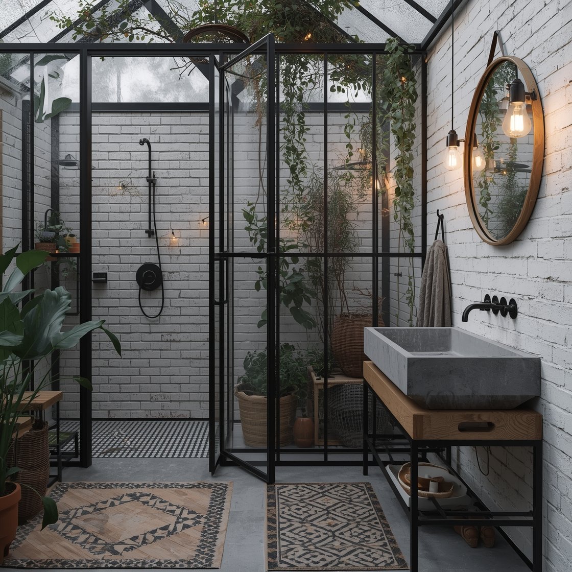 Wide shot: Boho-industrial greenhouse bathroom with exposed white brick walls and charcoal grout, black steel-framed shower doors like a greenhouse, a concrete trough sink on a reclaimed pine base, hanging plants trailing from ceiling hooks, and a patterned cement tile rug zone adding subtle color; string lights woven through plants for evening magic; palette white, charcoal, olive, concrete gray; textures brick, steel, concrete, reclaimed wood; atmospheric twilight.
