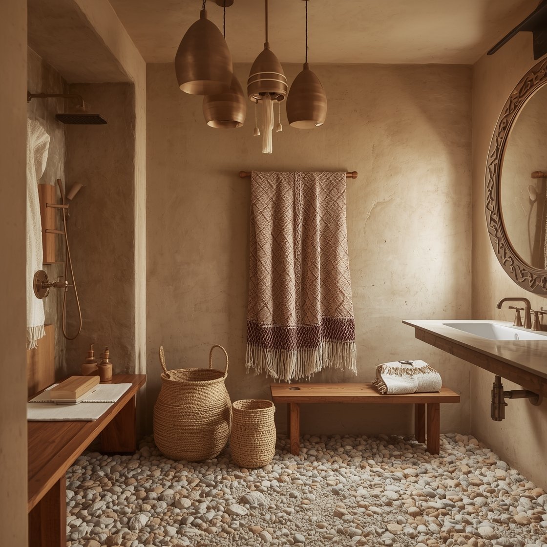 Wide shot: Global nomad neutrals bathroom with beige tadelakt walls, a pebble floor shower for spa feel, a low teak bench, woven African baskets, a Berber rug, a vintage textile used as a curtain, matte bronze fixtures, and a large carved wood mirror anchoring the space; a cluster of pendant lights at staggered heights; palette tadelakt beige, teak, matte bronze, ivory; textures plaster, pebbled stone, woven fiber, carved wood; warm, inviting glow.