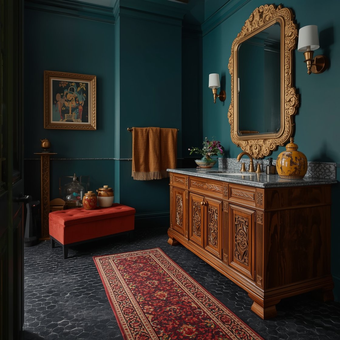 Wide shot: Jewel-toned eclectic oasis bathroom with deep teal walls, matte charcoal hex tile floors, a patterned ruby-and-saffron runner leading to a mango wood vanity with carved panel doors, mismatched vintage sconces, glazed ceramic jars, and an oversized gilded mirror; optional velvet bench adding drama; palette teal, ruby, saffron, charcoal; textures velvet, carved wood, glazed ceramic, matte tile; rich, ambient lighting.