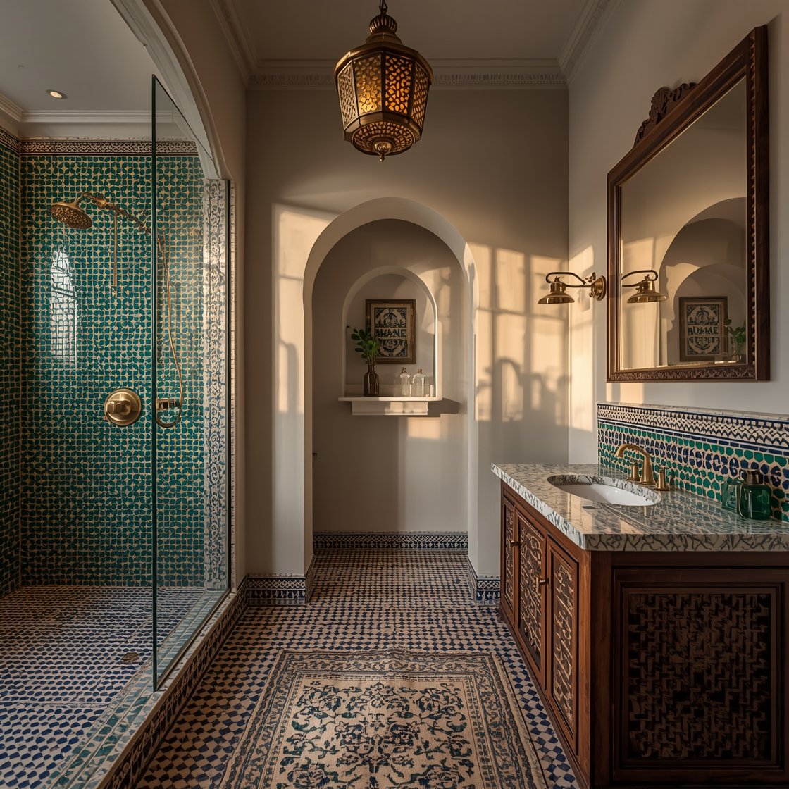 Wide shot: Moroccan tile daydream bathroom with blue-and-ivory zellige tile floor, shower wrapped in glossy emerald green zellige squares that catch the light, a carved walnut vanity with hammered brass pulls, arched wall niches holding rolled towels and apothecary glass, and an overhead pierced brass lantern casting starry shadows; vintage Berber rug at the sink; palette emerald, indigo, ivory, antique brass; textures glazed tile, carved wood, hammered metal; evening ambient glow.