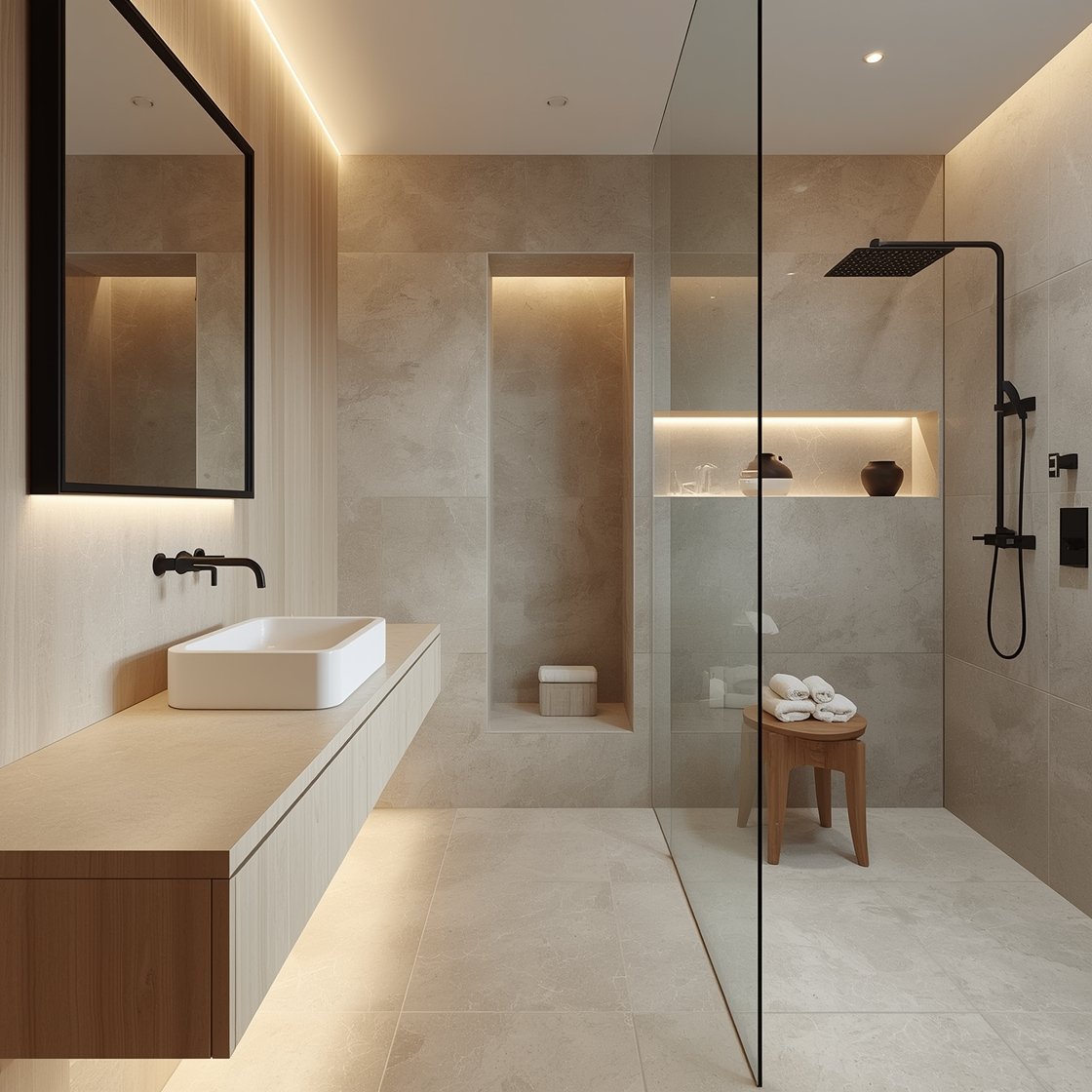 Wide shot, straight-on view: A serene Japandi bathroom with a wall-to-wall floating oak vanity, horizontal grain, underlit by warm LED strip lighting. A slim matte limestone countertop with softly rounded edges holds a rectangular white vessel sink and pencil-thin matte black faucet. Frameless glass walk-in shower with large-format honed neutral stone tiles seamlessly wrapping floor and walls; slim linear black showerhead and simple black robe hooks read as crisp accents. Palette of sand, oat, and soft gray stone. A framed black mirror above the vanity, a narrow built-in niche with a single ceramic vase, cedar bath stool, and neatly rolled linen towels. Soft, diffused natural light for spa-level calm.