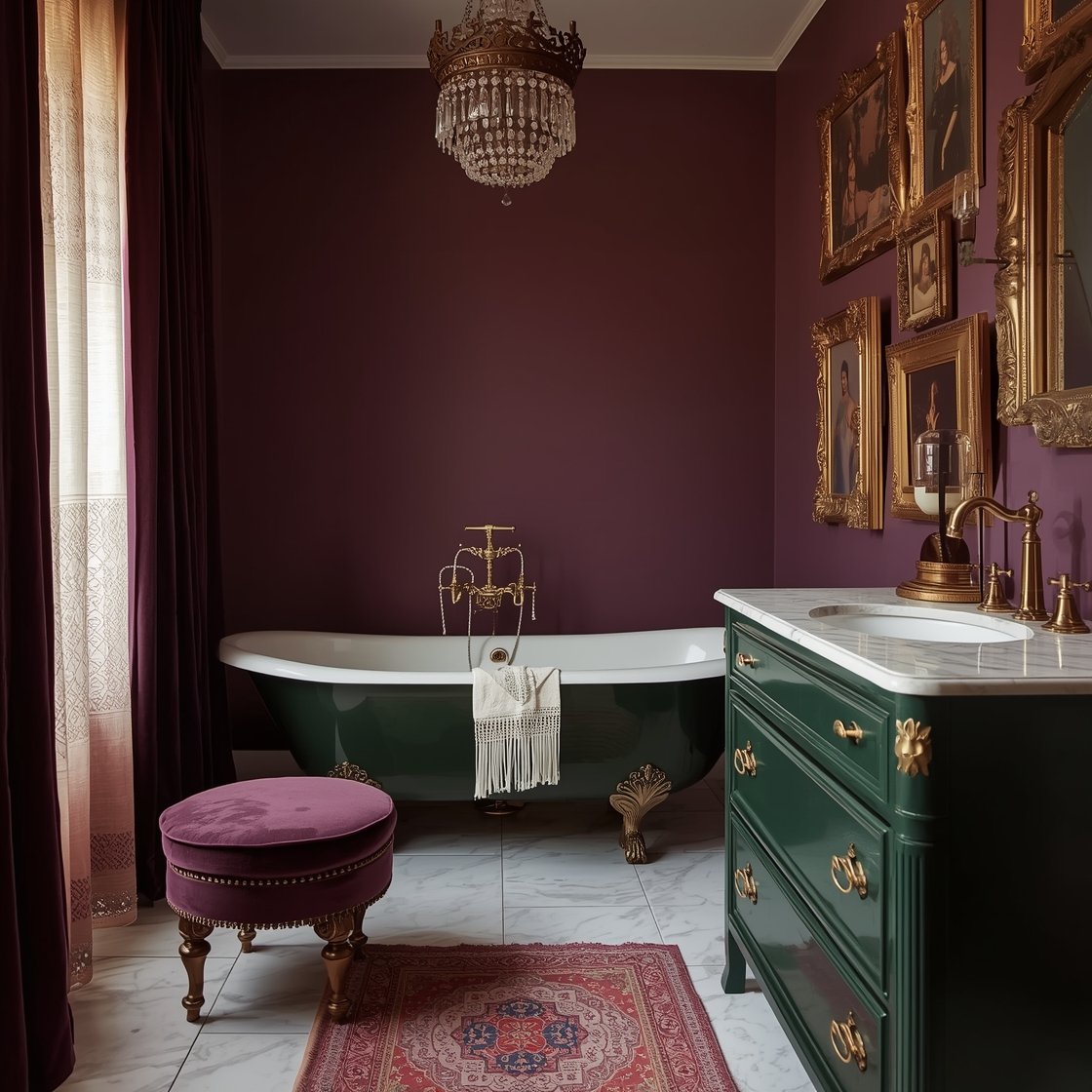 Wide shot: Vintage gypsy caravan glam bathroom with a deep eggplant accent wall behind a glossy forest green clawfoot tub, a vintage dresser-turned-vanity with marble top and antique brass faucet, lace curtains filtering light, fringed towels, and a gallery of ornate mismatched frames; velvet stool and a crystal-and-brass chandelier sparkling above; palette eggplant, forest, antique brass, cream; textures velvet, lace, marble, patinaed brass; moody, romantic lighting.