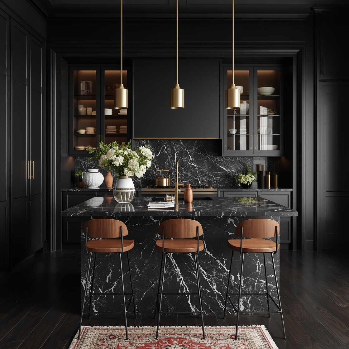 Wide, Sleek Black-and-Brass Luxe kitchen viewed straight-on: matte black floor-to-ceiling cabinetry, black marble-look quartz island with bold white veining, brushed brass bar pulls; trio of linear brass pendants above the island; ribbed glass upper cabinets showing glassware; warm walnut stools at the island; vintage Persian runner along the aisle. Dramatic contrast with warm accent lighting, photorealistic.