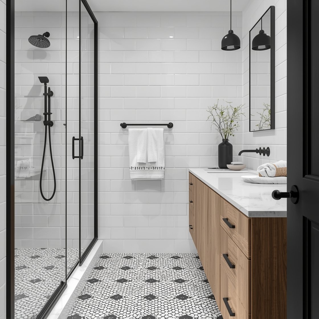 Wide, slightly angled shot of a modern classic black, white, and oak bathroom: white subway-tiled walls, black-framed shower enclosure, oak vanity topped with white quartz and undermount sinks; consistent matte black fixtures (faucets, towel bars, door handle); patterned black-and-white cement-look floor; styled with black ceramic vase, folded white towels, and a small marble dish; crisp, balanced lighting.