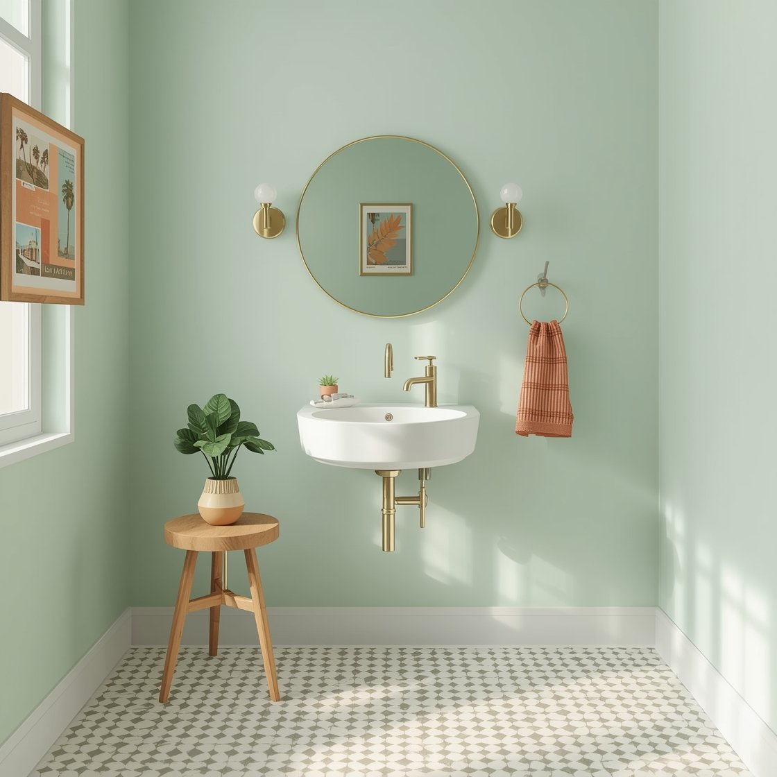 Wide, slightly overhead photorealistic view capturing playful mid-mod vibes: pale mint walls and a glossy white-and-taupe small-format checkerboard floor; wall-mounted white sink with curving edges; round maple mirror; brass pin-leg stool used as a plant stand; twin bubble sconces flanking the mirror; slim brass cross-handle faucet; framed vintage Palm Springs postcard collage; striped coral hand towel and a small ceramic bud vase on the sink. Bright, sunny lighting, no people.