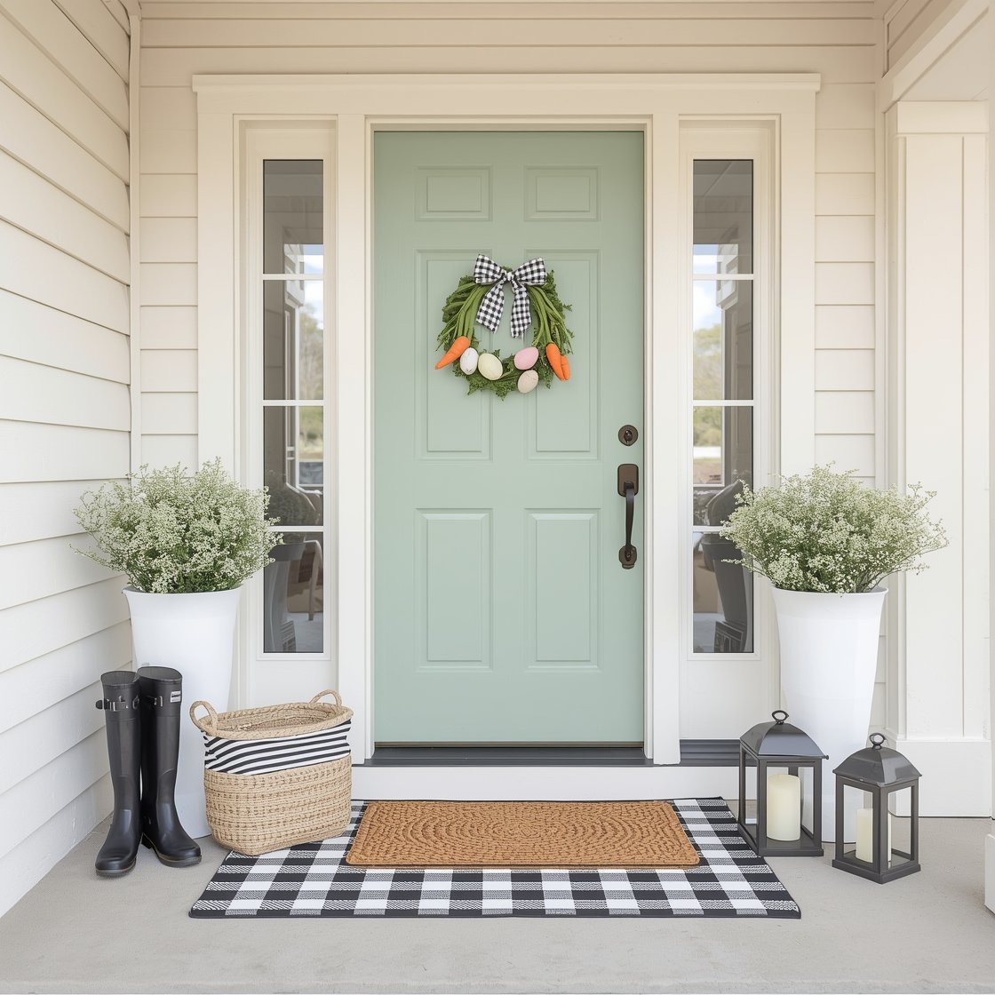 Wide, straight-on exterior porch shot: a mint-green front door with creamy white trim, centered Easter wreath with eggs and carrots tied in a gingham ribbon; tall white planters on both sides filled with faux tulips and baby’s breath; layered doormats with a braided jute mat over a black-and-white buffalo check rug; white slat bench with a striped throw pillow; woven basket for rain boots, lanterns with flameless candles; color palette mint, white, soft peach, pale yellow; bright natural daylight for crisp, welcoming curb appeal; photorealistic.