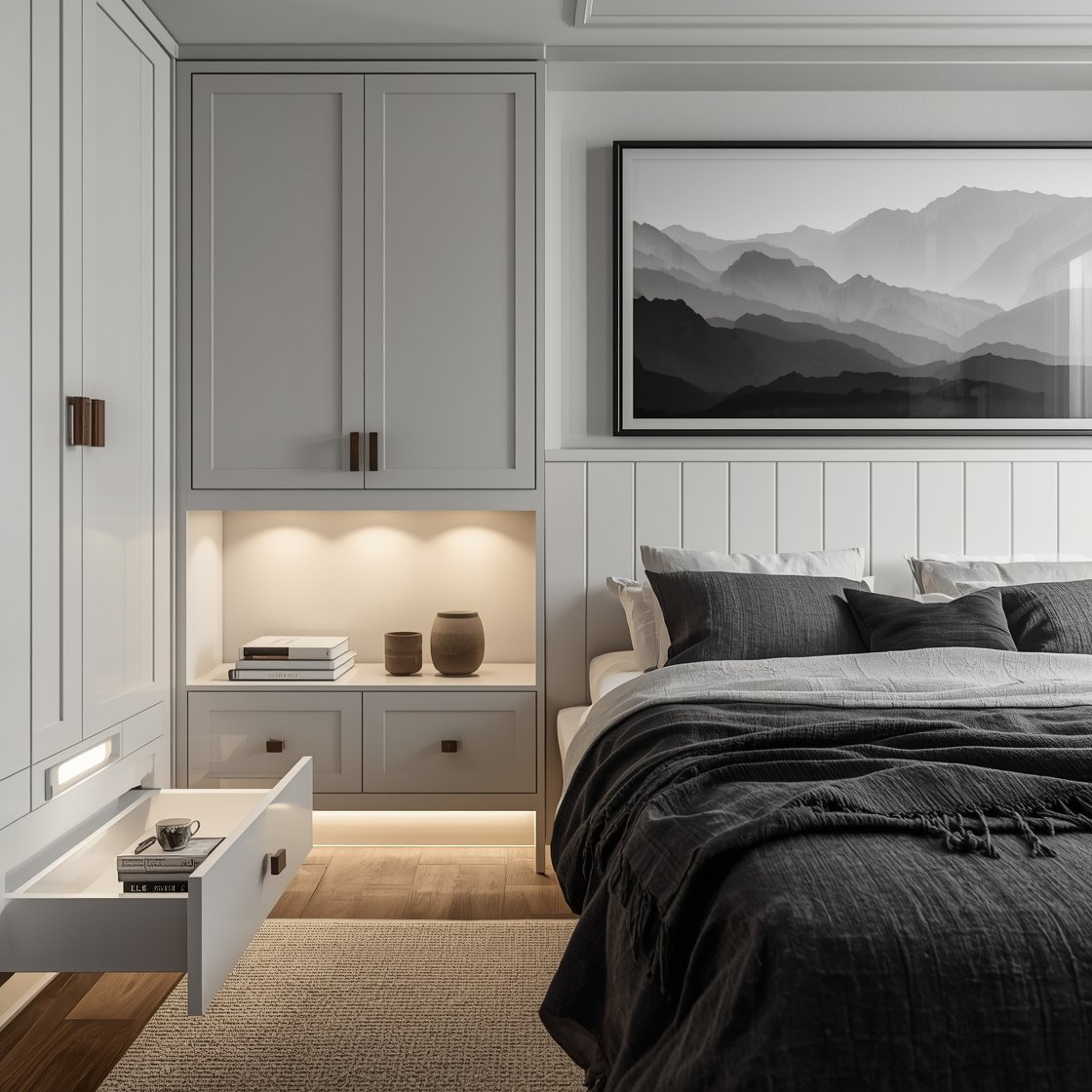 Wide, straight-on photorealistic shot of a modern built-in bedroom nook: matte white paneled headboard with integrated LED reading strips and a shallow ledge acting as a nightstand holding a book and small ceramic cup; platform bed with hidden deep drawers slightly open revealing folded sweaters and spare linens; slim push-latch upper cabinets wrapping the headboard with walnut knobs; crisp palette of matte white, walnut accents, and charcoal textiles including a charcoal wool throw; textured neutral rug on the floor; oversized art above the nook to elongate the wall; soft, even evening lighting emphasizing the LED glow.