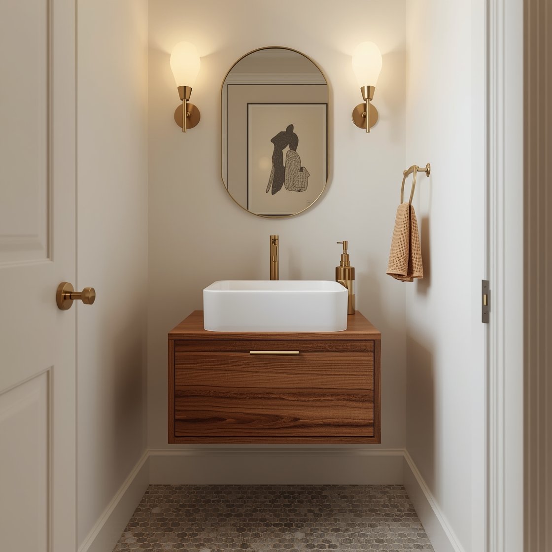 Wide, straight-on photorealistic shot of a tiny mid-century powder room featuring a floating walnut vanity with a crisp rectangular white vessel sink against matte ivory walls; rounded-edge brass mirror above, flanked by slim cone sconces with milky globes; small warm-gray hex tile floor with subtle variegation; brushed brass faucet, knob pulls, and towel ring; minimalist black-and-cream line drawing art; amber glass soap pump and a folded camel waffle hand towel on the vanity. Soft warm lighting for cozy elegance, no people.