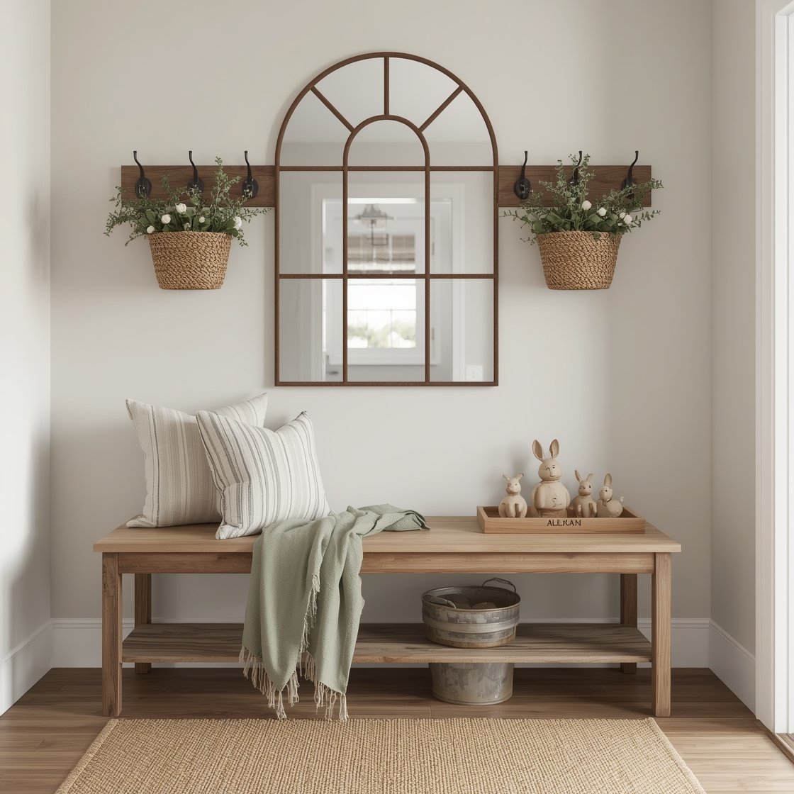Wide, straight-on shot of a farmhouse entryway featuring a distressed oak bench beneath an arch-top mirror with a rusty iron frame; chunky jute runner on the floor; galvanized umbrella buckets by the door; bench styled with faded stripe grain sack pillows and a folded sage-green throw; wall hooks holding woven baskets filled with moss-covered bunny figurines and eucalyptus sprigs; a shallow wood tray with keys and a petite stoneware pitcher of white tulips; warm whites, sage, oatmeal, and galvanized gray palette; clean, calm mood with soft natural morning light.