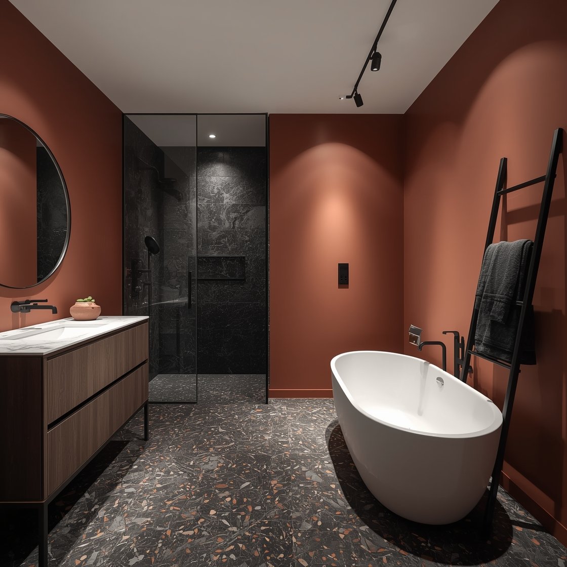 Wide straight-on: “Terracotta + Charcoal Contrast Bath” with matte terracotta walls and deep charcoal terrazzo floor flecked with warm stone chips. Black steel-framed shower adding structure; smooth white tub popping against darker elements. Charcoal-stained oak vanity with thin white quartz top and integrated sink, black knurled pulls, linear spout. Track-style micro spotlights highlighting the wall texture. Terracotta clay vessel, black ladder rack with graphite cotton towels. Bold, gallery-like minimalism, photorealistic.