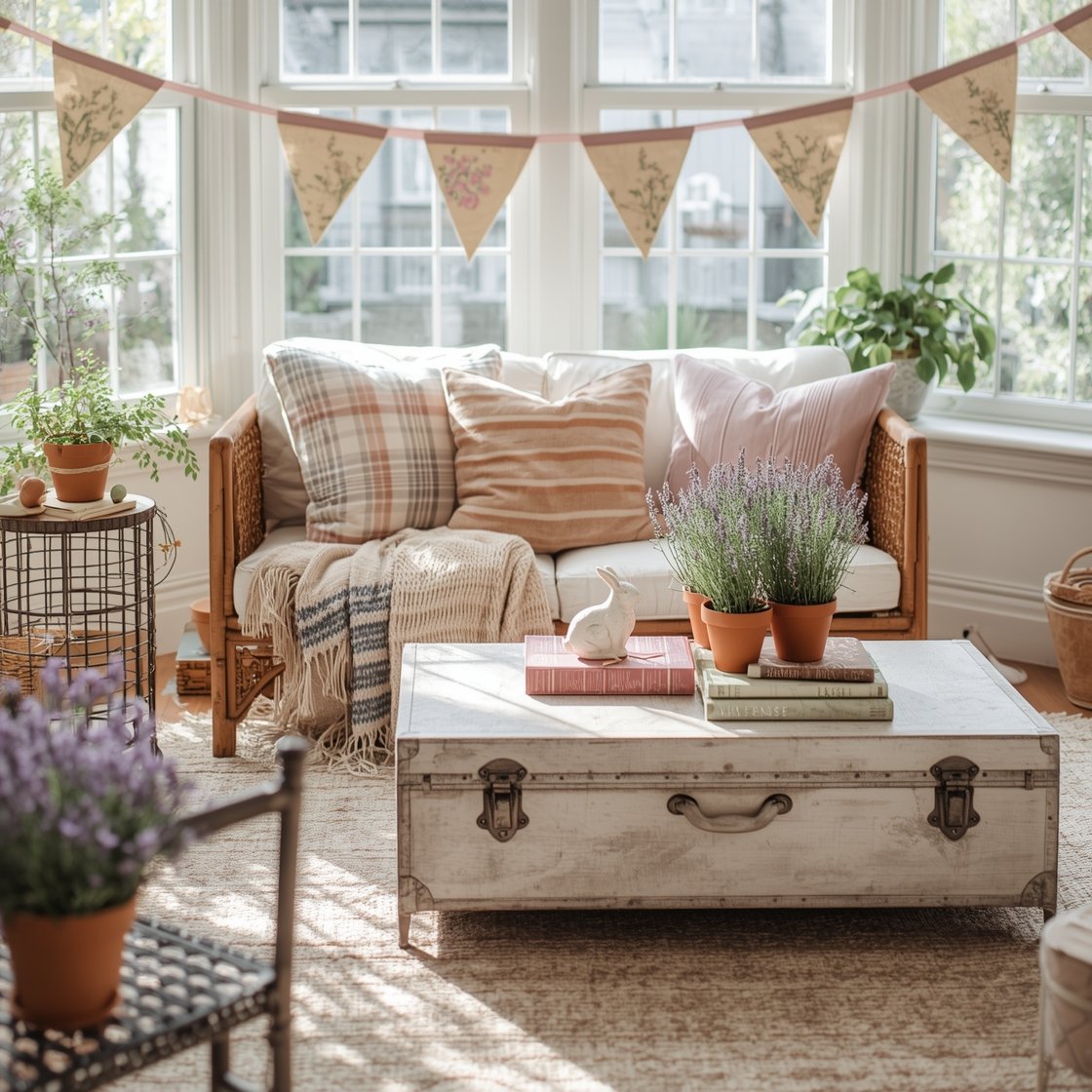Wide sunroom garden lounge bathed in bright natural light: rattan loveseat piled with pastel plaid pillows and a hand-knit throw; whitewashed trunk coffee table on a layered jute-and-cotton rug in soft blush and clay; cluster of terracotta pots with lavender and mini boxwoods on a wire plant stand; coffee table styled with a ceramic bunny, faux meadow florals, and thrifted botanical books; burlap bunting with stenciled eggs across the windows; blush, buttercream, thyme green, rattan honey palette; sunny, softly nostalgic mood.