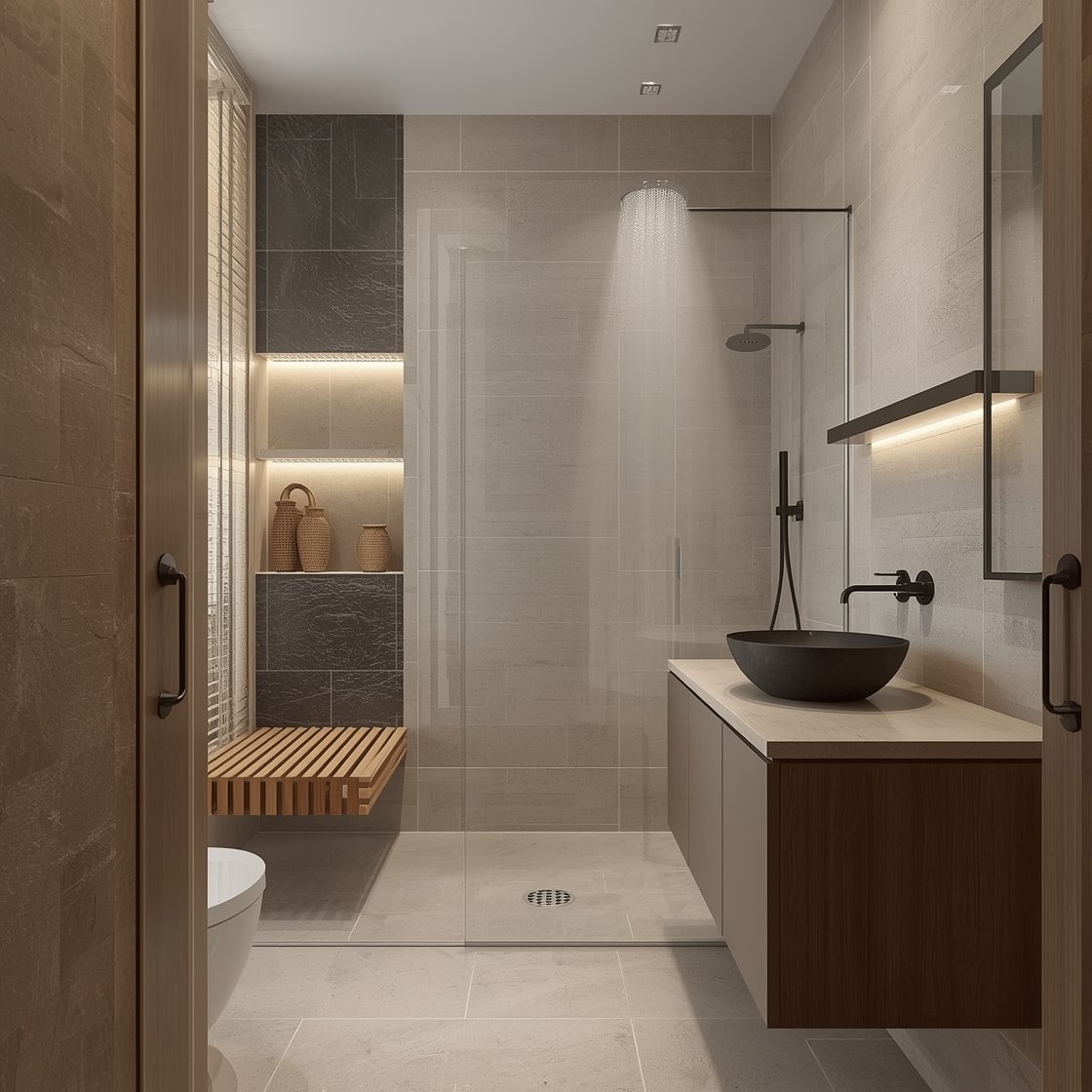 Wide wet-room shot from the doorway: Urban Zen bathroom fully tiled in warm greige neutral stone, floor subtly pitched to a linear drain. One accent wall of textured slate adds depth. A streamlined teak console vanity sits just outside the shower zone with a shallow integrated sink; black fixtures form a sleek silhouette—rainfall head, hand shower, exposed shower rail. A slatted teak bench under the window, open teak shelf with woven baskets, recessed spots on dimmers plus a softly glowing shower niche. Palette: greige stone, slate, honey teak. Misty, calm lighting, steam-kissed realism.