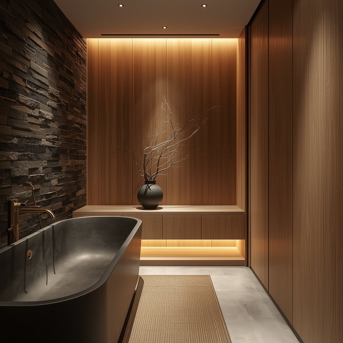 Corner angle medium shot, charred wood sumi spa: matte stone tub in front of a dramatic shou sugi ban cladded wall, brushed brass fixtures glowing warmly, seamless hidden storage behind smooth oak panels, a single ikebana arrangement on a narrow shelf, a woven jute runner over a soft ecru floor; warm ambient lighting without harsh whites; bold minimalism.