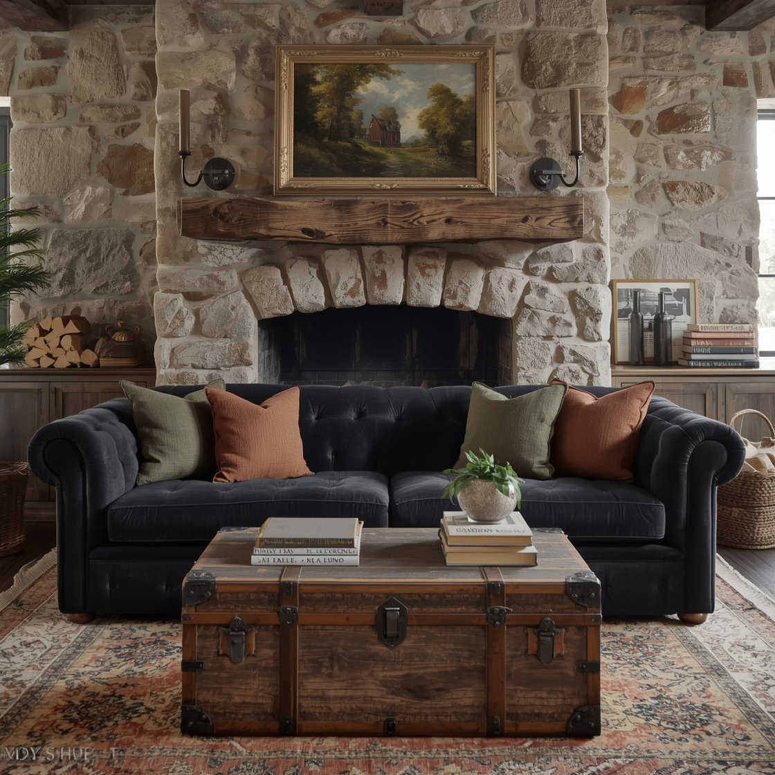 Corner-angle medium shot, Stone Hearth & Heritage Layers: a dominant stone-clad fireplace with a hefty hand-hewn wood mantel; in front, a deep charcoal English roll-arm sofa with wool cushions in moss green, rust, and oatmeal; a trunk-style coffee table on layered vintage rugs; antique books stacked with iron sconces flanking the hearth; basket of firewood near the hearth and a small vintage landscape painting on the mantel; textures of stone, wool, iron, and distressed leather accents; warm fireside glow with soft ambient lighting, photorealistic, no people.