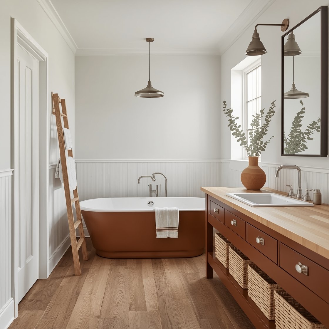 Corner wide shot, Modern Farmhouse Clay with Industrial Spark: A pared-back farmhouse bathroom with matte terracotta beadboard on the lower half of the walls and crisp white above, weathered wide-plank porcelain floor resembling sun-bleached oak, a vintage-style apron-front sink set into a butcher-block counter with flat-front drawers, a freestanding tub illuminated by a steel industrial pendant, polished nickel bridge faucet and exposed shower rail, ladder towel rack in raw oak, woven baskets for storage, a single terracotta jug with eucalyptus stems, and a black-framed mirror; bright yet cozy lighting.