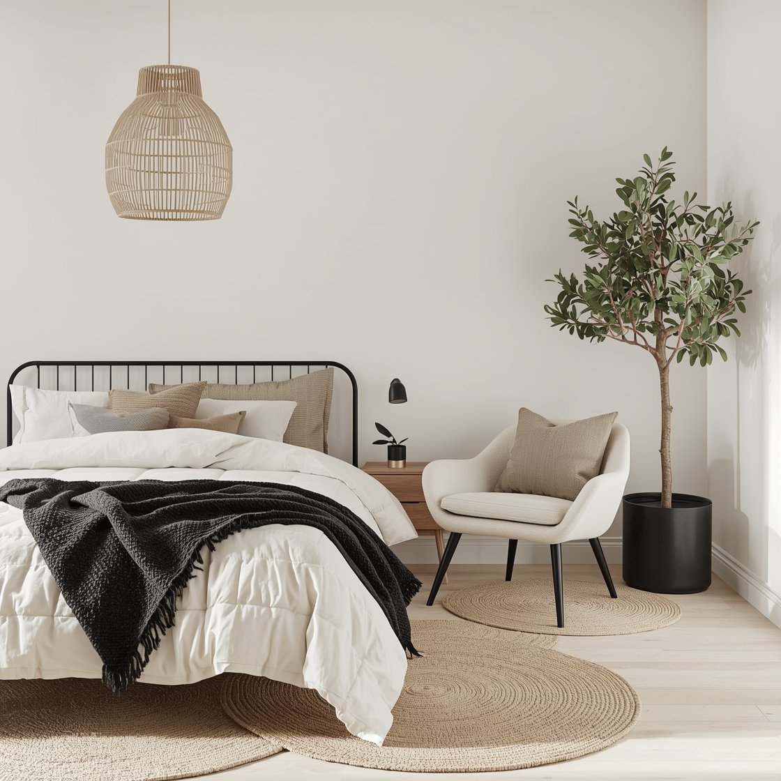 Corner wide shot — Organic Modern Oasis: Creamy off-white walls and a black spindle bed with delicate structure. Natural materials layered: ribbed oak dresser in a natural finish, woven cream pendant overhead. Cream linen bedding, a neatly folded black wool blanket at the foot, stone-toned throw pillows. A cream bouclé lounge chair with a black tripod floor lamp in the corner, an olive tree in a matte black planter, flatweave cream rug with subtle variegation, and organic line drawings in oversized mats. Airy daylight.