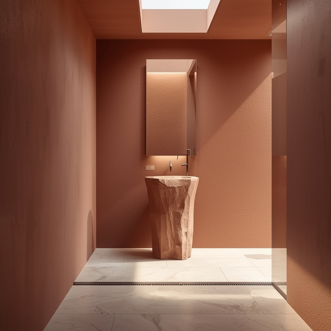 Detail/architectural closeup, Sculptural Minimalism with Stone and Shadow: A photorealistic study of a honed Rosso Verona sculpted stone pedestal sink with warm clay veins against feather-light matte terracotta walls (almost nude, almost pink); precise shadow-gap baseboard running around the perimeter and a recessed linear drain hinting at the open wet room; pale travertine floor in large bookmatched slabs; needle-thin polished stainless fixtures; pin-spot LEDs highlighting the sink while a soft cove glow suggests night ambiance; frameless skylight casting shifting, celestial light across subtly curved wall corners; no decor, pure geometry and texture.