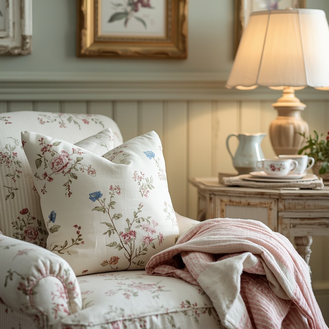 Detail closeup, Cottagecore Farmhouse Florals: a floral slipcovered armchair in front of pale sage walls; close view of layered soft textiles—small-scale florals, gingham, and ticking stripes—on pillows and a folded quilt; a spindle-leg side table holding mix-and-match ceramic pitchers and vintage teacups; scalloped-edge lampshade glowing softly; botanical prints in antique gold frames blurred in the background; materials of pine, painted wood, cotton and linen; warm, gentle natural light for a romantic, storybook feel, photorealistic.