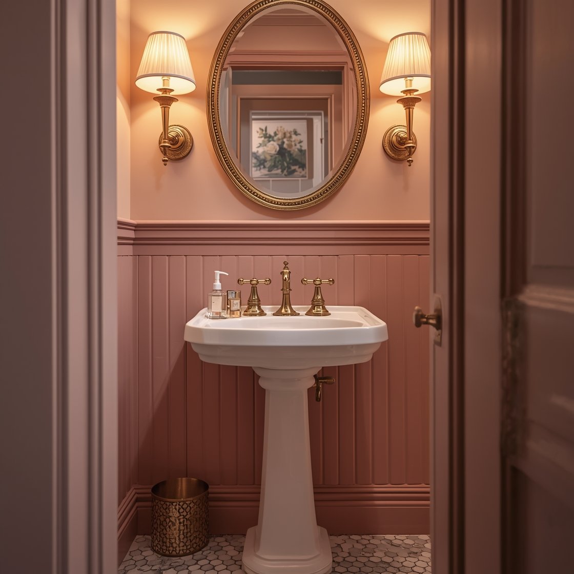Detail closeup in a Pink-Porcelain Powder Room: pedestal sink with classic cross-handle taps, matte ivory beadboard below dusty-rose upper wall; gilt oval mirror reflecting double candle-style sconces with pleated shades; porcelain tray with perfume bottles on a small skirted vanity surface (if visible); black-and-white hex tile flooring in crisp focus at the bottom edge; miniature cameo portraits and a tiny floral oil painting peeking in frame; touchless soap pump and streamlined towel ring as subtle modern touches; warm, candlelike lighting for intimate glow; photorealistic, no people.