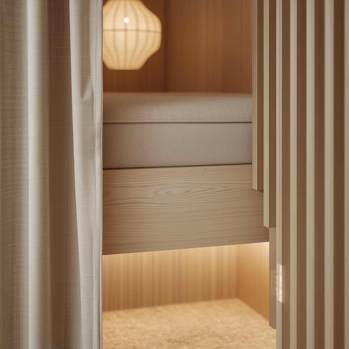 Detail closeup, Japandi Sleep Nook: A low-profile bunk edge in pale maple showcasing subtle vertical tambour detailing and disappearing finger pulls, with linen privacy curtains in ecru partially drawn; tones of stone, sand, and ecru dominate; micro LED strips softly glowing along the bunk rails while a blurred rice paper pendant hangs in the background; tatami-style textured rug visible below; calm, minimalist, photorealistic.