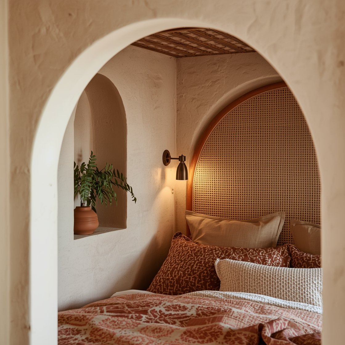 Detail closeup of boho built-ins: an arched bunk opening with plaster-look paint mimicking stucco, cane panel headboard inside the bunk, layered block-printed quilt and textured linen shams in terracotta, sand, and rust tones; a tiny antique-brass dome sconce glows warmly; niche shelf beside the arch with a small plant and ceramic; rattan pendant blur in background; limewashed ceiling texture subtly visible; tactile, sun-warmed ambiance.