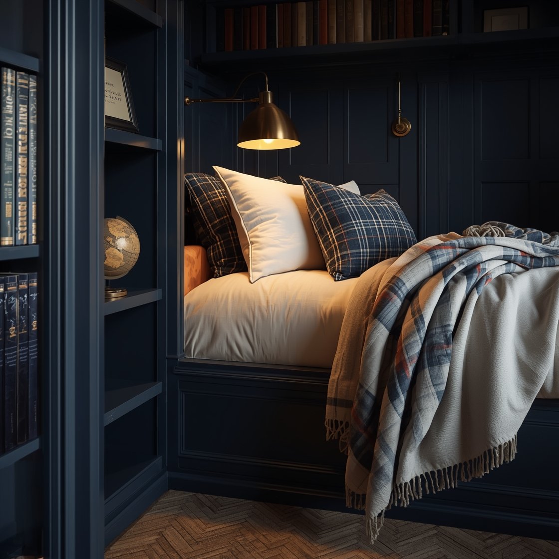 Detail closeup of moody library bunk vignette: deep ink blue floor-to-ceiling bookcase wall behind a bunk nook, bronze swing-arm light casting a warm glow, leather strap magazine holder mounted beside the bed, plaid wool throw draped over cream bedding; vintage globe and framed bookplate on a nearby shelf, hint of a herringbone wool rug below; rich, cozy, library ambiance.
