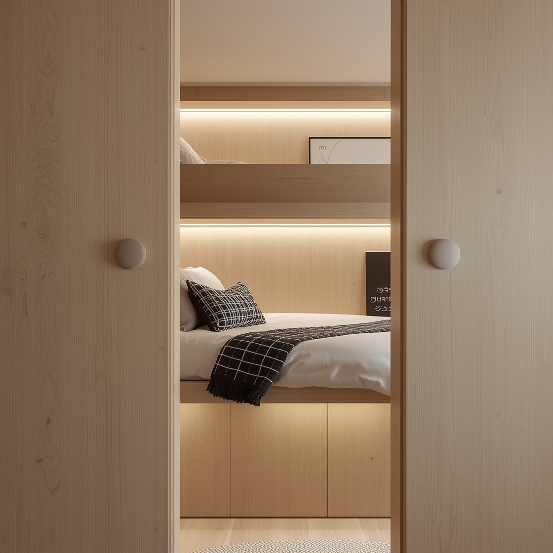 Detail closeup of Scandinavian sleep nook entry: smooth birch plywood wall with rounded cut-out opening to a bunk softly glowing from concealed LED strip lighting, flush birch panels with finger pulls hiding full-height closets below, bedding in oatmeal linen with a folded black-and-white grid throw; warm white palette with charcoal accents visible in minimal line art and a glimpse of a wool pebble rug; calm, minimal, softly lit.