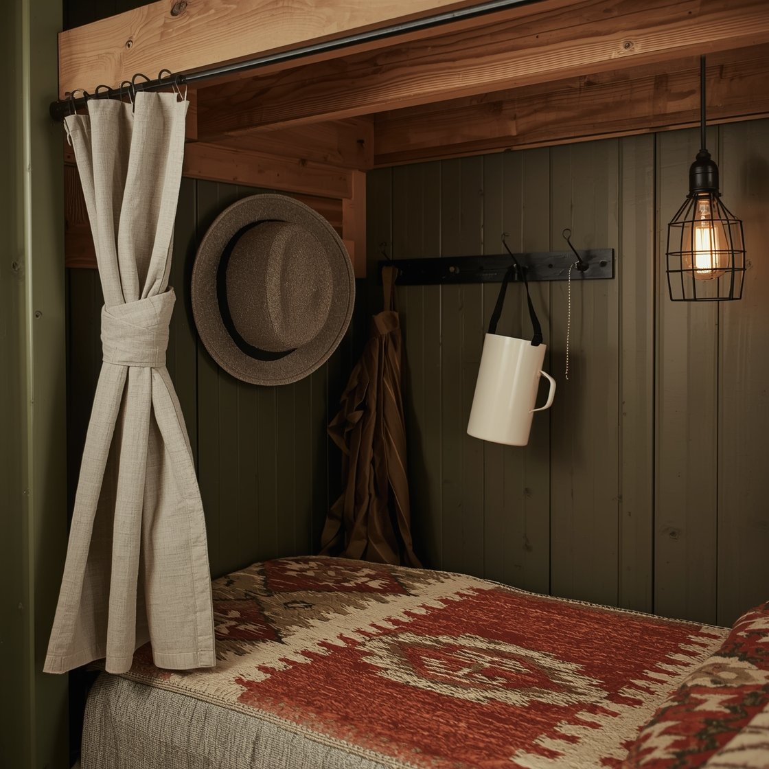 Detail closeup of timber camp bunkhouse gear: olive-green board-and-batten wall with stained pine bunk edge, canvas curtain on a metal cafe rod partly drawn, row of hooks holding a felt hat, vintage lantern, and canvas backpack, cream-and-red wool blanket folded at bunk edge, enamelware mug hanging from a peg rail, corner of a rugged kilim runner visible below; warm Edison glow from a caged metal sconce grazing textures; palette pine, olive, cream, camp red; photorealistic, tactile focus.